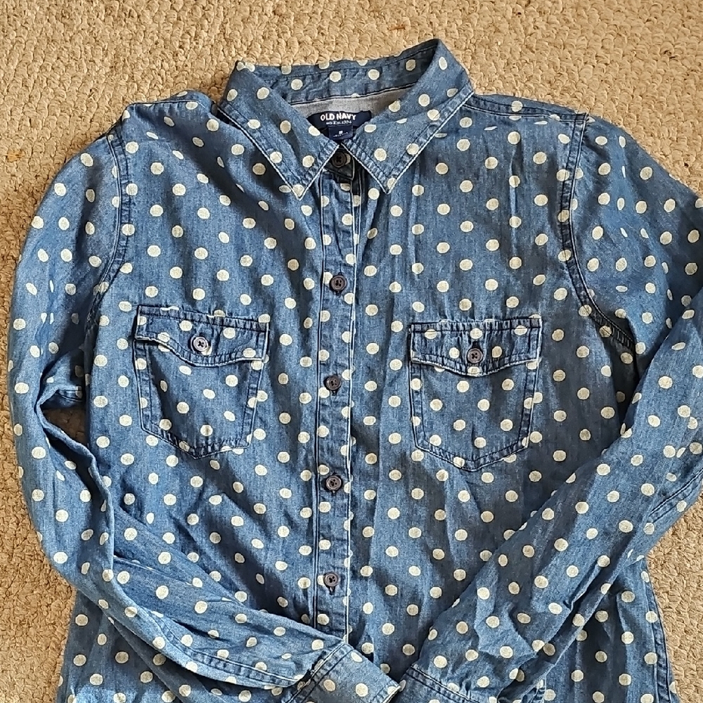 Old Navy Blue Polka Dot Denim Shirt Medium